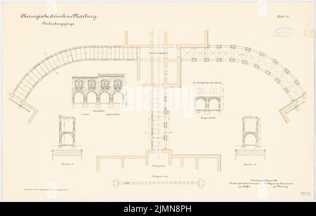 Architetto sconosciuto, clinica chirurgica della Philips University Marburg (ca 1896): Collegamenti: Pianta del pavimento, statura, sezione longitudinale, sezione trasversale 1: 100. Litografia, 48 x 74,9 cm (inclusi i bordi di scansione) Foto Stock