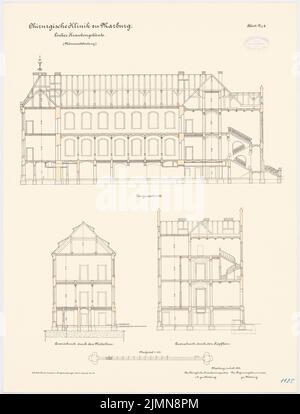 Architetto sconosciuto, clinica chirurgica della Philips University Marburg (ca 1896): case di cura di sinistra: sezione longitudinale, sezioni trasversali 1: 100. Litografia, 70,7 x 53,9 cm (inclusi i bordi di scansione) Foto Stock