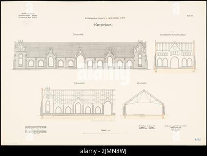 Gottlob, caserme del battaglione 1st del reggimento di fanteria n° 152 a Marienburg (1903-1906): Exerzierhaus: Vista longitudinale superiore, sezione longitudinale, sezione trasversale 1: 100. Litografia, 71,2 x 100,6 cm (inclusi i bordi di scansione) Foto Stock