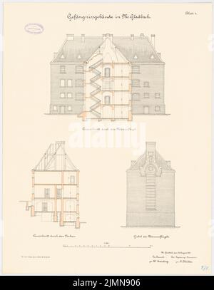 Endell Karl Friedrich (1843-1891), Tribunale distrettuale e carcere di Mönchengladbach (1890): Prigione: Vista a girata, sezioni trasversali 1: 100. Litografia, 66 x 51,2 cm (inclusi i bordi di scansione) Foto Stock