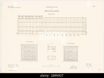 Hahn, ufficio di abbigliamento del VII. Corpo dell'esercito a Münster (1898-1901): Laboratorio Schuster: Viste a giramento, sezione longitudinale 1: 100. Litografia, 72,9 x 103,1 cm (inclusi i bordi di scansione) Foto Stock