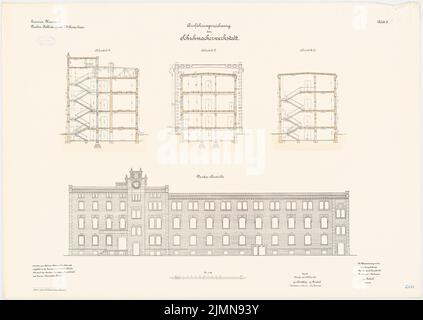 Hahn, ufficio di abbigliamento del VII. Corpo dell'esercito a Münster (1898-1901): Laboratorio Schuster: Vista frontale superiore, sezioni trasversali 1: 100. Litografia, 72,8 x 102,5 cm (inclusi i bordi di scansione) Foto Stock