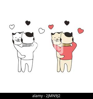 Due gatti innamorati abbracciano l'icona del doodle. Carino animali su sfondo bianco. Foto Stock