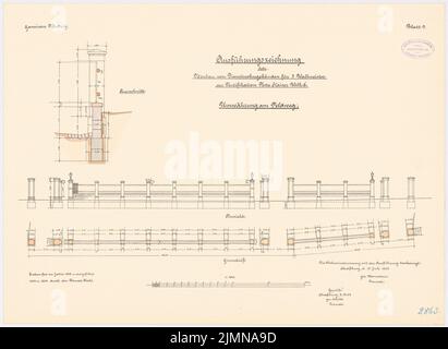 Kahl, guarnigione a Mutzig. Edifici residenziali per tre Wallmeister (1903-1904): Entrando sulla strada sterrata in pianta e in verticale 1:100 e sezione trasversale 1:25. Litografia, 45,3 x 62 cm (inclusi i bordi di scansione) Foto Stock