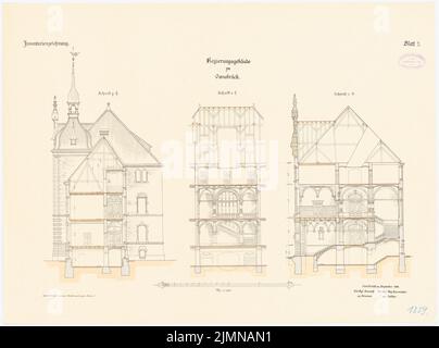 Architetto sconosciuto, edificio governativo a Osnabrück (1896): Sezioni trasversali 1: 100. Litografia, 53,9 x 72,5 cm (inclusi i bordi di scansione) Foto Stock