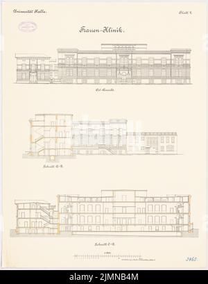 Architetto sconosciuto, clinica femminile della Martin Luther University Halle/Saale (ca 1908-1910): Vista Oste, sezione longitudinale, sezione trasversale 1: 100. Litografia, 65,7 x 50,6 cm (inclusi i bordi di scansione) Foto Stock