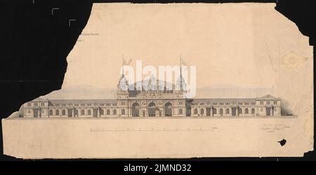 Eck, Summer Shoe & Rumpel, stazione ferroviaria principale di Francoforte sul meno (1880): Vista sulla facciata principale. Acquerello Tusche sulla scatola, 66,4 x 129,9 cm (inclusi i bordi di scansione) Foto Stock