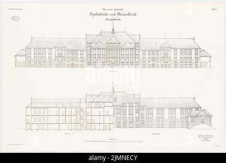 Architetto sconosciuto, Università di Greifswald. Clinica psichiatrica e nervosa (1907): Vista nord e vista sud, sezione longitudinale 1: 100. Litografia, 82,2 x 121,8 cm (inclusi i bordi di scansione) Foto Stock