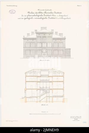 Architetto sconosciuto, Università di Greifswald. Conversione del vecchio istituto chimico all'istituto farmacologico e all'istituto geologico-mineralogico (1909): Vista principale superiore, sezione trasversale 1: 100. Litografia, 87,3 x 61,1 cm (inclusi i bordi di scansione) Foto Stock