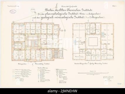 Architetto sconosciuto, Università di Greifswald. Conversione del vecchio istituto chimico all'istituto farmacologico e all'istituto geologico-mineralogico (1909): Piano, 2nd piano superiore 1: 100. Litografia, 61,5 x 87,2 cm (inclusi i bordi di scansione) Foto Stock