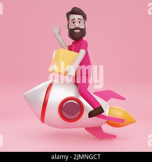 3D Man Delivery Fast Package Transportation Logistic Rocket Foto Stock