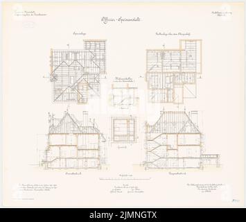 Falso, Trainkaserne Darmstadt. Interno. Ente alimentare ufficiale (07,1906): Posizione del fascio su OG, travi, sezione trasversale e sezione longitudinale, 1: 100. Litografia colorata, 66,2 x 78,3 cm (inclusi i bordi di scansione) Foto Stock