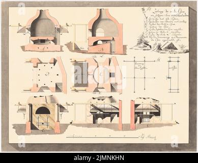 Architetto sconosciuto, forno a getto (ca 1800): tagli, planimetrie, dettagli. Acquerello Tusche su carta, 41,1 x 53,3 cm (inclusi i bordi di scansione) Foto Stock