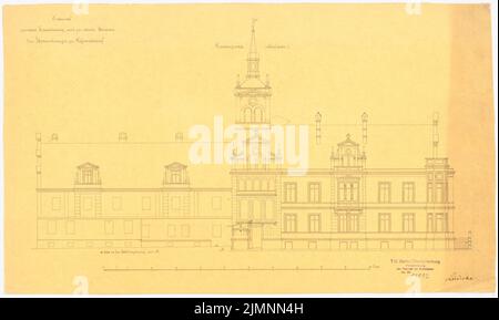 Lüdecke Carl Johann Bogislaw (1826-1894), maniero di Gießmannsdorf. Conversione ed espansione - progetto 1st (1878): Vista lato Nord superiore/giardino, barra di scala (piedi). Inchiostro su trasparente, 32 x 53,4 cm (compresi i bordi di scansione) Lüdecke Carl Johann Bogislaw (1826-1894): Herrenhaus, Gießmannsdorf. Umbau und Erweiterung - 1. Projekt Foto Stock