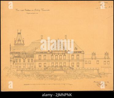 Lüdecke Carl Johann Bogislaw (1826-1894), chiuso a Kaminietz. Espansione, progetto 1st (02,1871): Lato giardino risorto, barra di scala (Rhl. Piede). Inchiostro su trasparente, 48,5 x 60,1 cm (compresi i bordi di scansione) Lüdecke Carl Johann Bogislaw (1826-1894): Schloss Kaminietz. Erweiterung, 1. Projekt Foto Stock