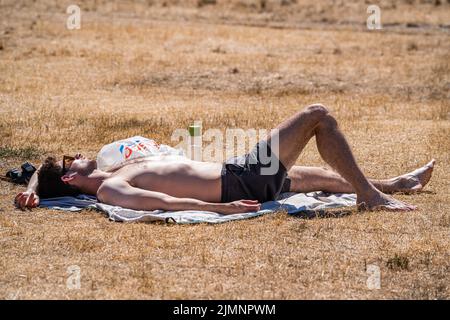 Wimbledon, Londra, Regno Unito. 7 agosto 2022 Un uomo che prende il sole sull'erba di pezzatura sul comune di Wimbledon un altro giorno caldo come l'onda calda e la siccità del Regno Unito continua in agosto, con le temperature previste per raggiungere oltre 30celsius dalla settimana prossima Credit. amer Ghazzal/Alamy Live News Foto Stock