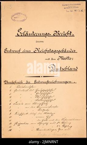 Busse & Schwechten, Reichstag, Berlino (02.02.1882): Spiegazione 17 p. Ink su carta, 39,8 x 25,2 cm (compresi i bordi di scansione) Busse & Schwechten : Reichstag, Berlino. Zweiter Wettbewerb Foto Stock