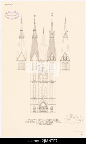 Cuypers P. J. H. (1827-1921), Chiesa della nostra cara moglie, Immacolata Concezione, Amsterdam. Coltivazione (senza data): Vista frontale con variazioni della torre. Pressione su carta, 44,4 x 27,7 cm (compresi i bordi di scansione) Cuypers Petrus Josephus Hubertus (1827-1921): Kirche Unserer Lieben Frau unbunblefleckter Empfängnis, Amsterdam. Anbau Foto Stock