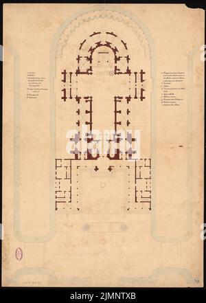 Orth agosto (1828-1901), chiesa romanica (evangelica) con 2000 posti a sedere presso l'Humboldthafen. Schinkel concorso 1856 (1856): Pianta con pianta piano terra della chiesa e delle due case parrocchiali; Scala bar. Acquerello Tusche sulla scatola, 92,6 x 66 cm (compresi i bordi di scansione) Orth August (1828-1901): Romanische (evangelische) Kirche mit 2000 Sitzplätzen am Humboldthafen, Berlino. Schinkelwettbewerb 1856 Foto Stock