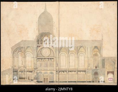 Orth agosto (1828-1901), chiesa romanica (evangelica) con 2000 posti a sedere presso l'Humboldthafen. Schinkel Competition 1856 (1856): Sezione longitudinale. Acquerello Tusche sulla scatola, 67,4 x 92,3 cm (compresi i bordi di scansione) Orth August (1828-1901): Romanische (evangelische) Kirche mit 2000 Sitzplätzen am Humboldthafen, Berlino. Schinkelwettbewerb 1856 Foto Stock