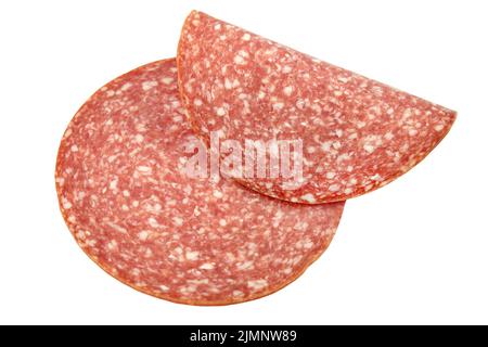 2 fette di salsiccia di Cervelat tagliata a freddo isolata sullo sfondo Foto Stock