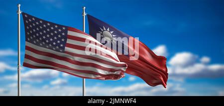 Taiwan e USA. Bandiere che ondeggiano con il vento, sfondo cielo blu nuvoloso. 3d rendering Foto Stock