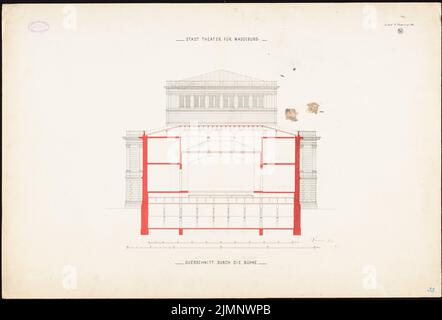 Lucae Richard (1829-1877), teatro cittadino di Magdeburg (1874): Sezione dietro il palco 1:100. Inchiostro, matita acquerello sulla scatola, 65,5 x 96,6 cm (compresi i bordi di scansione) Lucae Richard (1829-1877): Stadttheater, Magdeburg Foto Stock