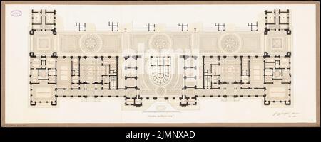 Frentzen, Georg (1854-1923), Stazione Centrale di Francoforte sul meno. Edificio della reception (15 novembre 1880): Ingresso: Grundriss EG. Inchiostro, colore inchiostro, acquerello su cartone, 51,5 x 128,8 cm (compresi i bordi di scansione) Frentzen, Georg (1854-1923): Hauptbahnhof, Francoforte sul meno. Empfangsgebäude Foto Stock