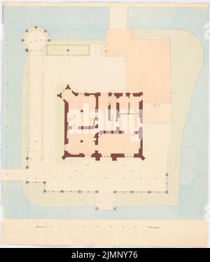 Lange Emil (1841-1926), Villa von Riederer in Schönau (1875): Pianta del sito, pianta del piano. Inchiostro, inchiostro colorato, acquerello su carta, 56,5 x 47,9 cm (compresi i bordi di scansione) Lange Emil (1841-1926): Villa von Riederer, Schönau Foto Stock