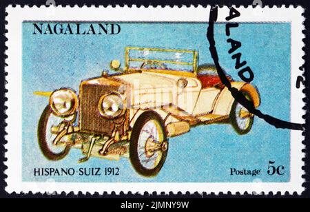 NAGALAND (INDIA) - CIRCA 1972: Un francobollo stampato a Nagaland mostra Hispano-suiza 1912, auto d'epoca spagnola, circa 1972 Foto Stock