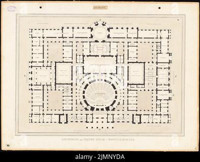 Ferstel, Heinrich Freiherr von (1828-1883), Reichstag, Berlino. Seconda gara (1882): Grundriss EG (piano principale). Acquerello Tusche sulla scatola, 72,7 x 96 cm (compresi i bordi di scansione) Ferstel, Heinrich Freiherr von (1828-1883): Reichstag, Berlino. Zweiter Wettbewerb Foto Stock