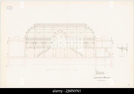 Felten, Josef (1799-1880), giardino d'inverno »Flora«, Berlino (1871-1871): Media longitudinale delle estensioni e del giardino d'inverno, taglio dettagliato della galleria, scala bar. Acquerello Tusche su carta, 65,2 x 99,2 cm (compresi i bordi di scansione) Felten, Josef (1799-1880): Wintergarten »Flora«, Berlino Foto Stock