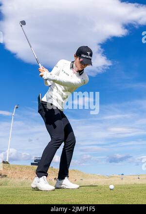 Lydia Ko della Nuova Zelanda sul tee 4th durante il giorno quattro dell'AIG Women's Open a Muirfield in Gullane, Scozia. Data foto: Domenica 7 agosto 2022. Foto Stock