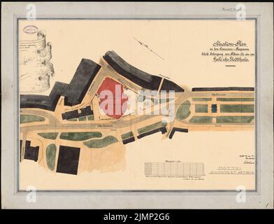 Lüthi & Klemm, Teatro a Halle/Saale (1884): Pianta del sito. Inchiostro, inchiostro colorato, acquerello su carta, su cartone, 64,9 x 84,7 cm (compresi i bordi di scansione) Lüthi & Klemm : Teatro, Halle/Saale Foto Stock