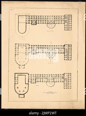 Poelzig Hans (1869-1936), monastero francescano sullo Spittelberg, Glatz. Progetto preliminare (09,1915): Progetto C, planimetrie dei tre piani. Rottura leggera su carta, 86,4 x 67 cm (compresi i bordi di scansione) Poelzig Hans (1869-1936): Franziskanerkloster auf dem Spittelberg, Glatz. Vorprojekt Foto Stock