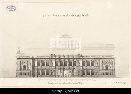 Giesenberg & Stöckhardt, Reichstag, Berlino (1882): Facciata della porta di Brandeburgo 1: 200. Acquerello Tusche sulla scatola, 41,1 x 61,2 cm (compresi i bordi di scansione) Giesenberg & Stöckhardt : Reichstag, Berlino. Zweiter Wettbewerb Foto Stock