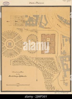 Giesenberg & Stöckhardt, Reichstag, Berlino (1882): Pianta del sito 1: 1000. Acquerello Tusche sulla scatola, 64,9 x 49,8 cm (compresi i bordi di scansione) Giesenberg & Stöckhardt : Reichstag, Berlino. Zweiter Wettbewerb Foto Stock