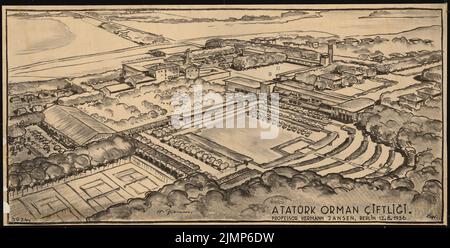 Jansen Hermann (1869-1945), urbanistica ad Adana. Ataturk-Park (08/12/1936): Vista prospettica. Inchiostro su trasparente, 50,3 x 99,5 cm (compresi i bordi di scansione) Jansen Hermann (1869-1945): Parkanlage für Atatürk Orman Cifligi bei Ankara Foto Stock