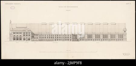 Schwechten Franz (1841-1924), stazione centrale di Francoforte sul meno. Edificio della reception (15 novembre 1880): Vista laterale, 1: 200. Acquerello Tusche sulla scatola, 58,2 x 132,3 cm (compresi i bordi di scansione) Schwechten Franz (1841-1924): Hauptbahnhof, Francoforte sul meno. Empfangsgebäude Foto Stock