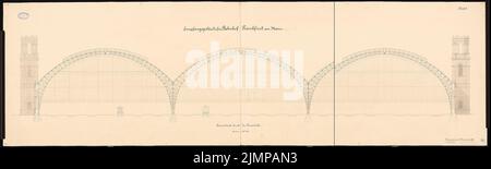 Bull d. Ä. Hubert (1838-1907), Hauptbahnhof, Francoforte sul meno. Reception edificio: Sezione trasversale attraverso il Perronhalle 1:100. Inchiostro su cartone, 60,9 x 202,2 cm (compreso il bordo di scansione). Museo dell'architettura dell'Università tecnica di Berlino Inv. N. 7296. Stier d. Ä. Hubert (1838-1907): Hauptbahnhof, Francoforte sul meno. Empfangsgebäude Foto Stock