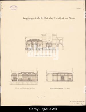 Bull Hubert (1838-1907), stazione centrale di Francoforte sul meno. Edificio della reception (15 novembre 1880): Tagli nelle camere singole 1: 200. Acquerello Tusche sulla scatola, 63,5 x 51,6 cm (compresi i bordi di scansione) Stier d. Ä. Hubert (1838-1907): Hauptbahnhof, Francoforte sul meno. Empfangsgebäude Foto Stock