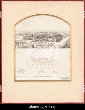 Schwechten Franz (1841-1924), stazione centrale di Francoforte sul meno. Edificio della reception (15 novembre 1880): Pianta della situazione, vista prospettica, pianta del piano, 1: 1500. Inchiostro e matita acquerello sulla scatola, 65,4 x 53,5 cm (compresi i bordi di scansione) Schwechten Franz (1841-1924): Hauptbahnhof, Francoforte sul meno. Empfangsgebäude Foto Stock