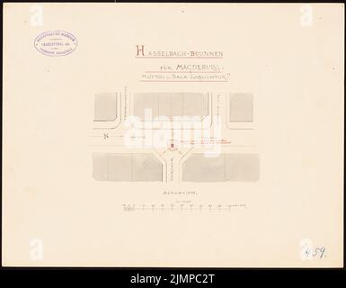 Hoffmann Emil (1845-1901), fontana Hasselbach a Magdeburg (1884): Dipartimento 1: 1000. Inchiostro, matita, inchiostro colorato, acquerello su cartone, 28,1 x 36,1 cm (compresi i bordi di scansione) Hoffmann Emil (1845-1901): Hasselbach-Brunnen, Magdeburg Foto Stock