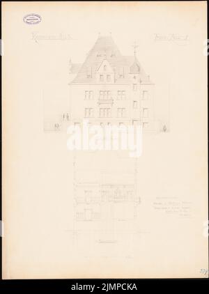 Hoffmann Emil (1845-1901), ufficio distrettuale a Zell/Mosel. Concorso mensile Gennaio 1888 (probabilmente il disegno originale) (01,1888): Vista giardino superiore, sezione trasversale 1: 100; calcolo dei costi. Matita su cartone, 70,3 x 52,4 cm (compresi i bordi di scansione) Hoffmann Emil (1845-1901): Landratsamt (Kreishaus), Zell/Mosel. Monatskonkurrenz Januar 1888 (wahrscheinlich die Originalzeichnung) Foto Stock