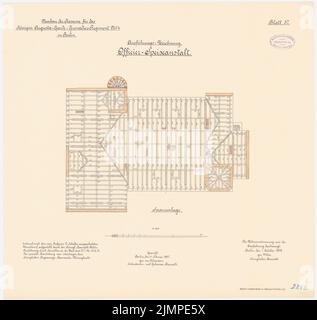 Vetter, caserme della Guardia Cuerassier Regiment e della Regina-Augusta-Garde-Grenadier Regiment No. 4, Berlino (1895-1897): Garde-Cürassier-Regiment, alimentazione ufficiale: Piano 1: 100. Litografia colorata sul cartone, 53,9 x 57 cm (compresi i bordi di scansione) Vetter : Kaserne des Garde-Kürassier-Regiments und des Königin-Augusta-Garde-Grenadier-Regiments Nr. 4, Berlino Foto Stock