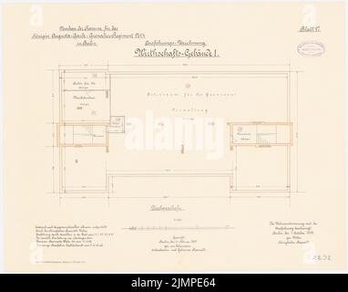 Vetter, caserme della Guardia Cuerassier Regiment e della Regina Augusta-Grenadier Regiment No. 4, Berlino (1895-1897): Guard-Cürassier-Regiment, Bathstop Building i: Grundriss attico 1: 100. Litografia colorata sulla scatola, 44,7 x 56,9 cm (compresi i bordi di scansione) Vetter : Kaserne des Garde-Kürassier-Regiments und des Königin-Augusta-Garde-Grenadier-Regiments Nr. 4, Berlino Foto Stock