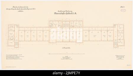 Cousin, caserme della Guardia Cuerassier Regiment e della Regina-Garde Grenadier Regiment No. 4, Berlino (1895-1897): Garde-Cürassier-Regiment, team building i-III: Grundriss 1: 100. Litografia colorata su cartone, 61,8 x 116,8 cm (compresi i bordi di scansione) Vetter : Kaserne des Garde-Kürassier-Regiments und des Königin-Augusta-Garde-Grenadier-Regiments Nr. 4, Berlino Foto Stock