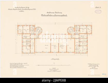 Vetter, caserme della Guardia Cuerassier Regiment e della Regina Augusta Grenadier Regiment No. 4, Berlino (1895-1897): Guard-Cürassier-Regiment, edificio da camera sposato: Piano 1: 100. Litografia colorata sulla scatola, 52,1 x 72,6 cm (compresi i bordi di scansione) Vetter : Kaserne des Garde-Kürassier-Regiments und des Königin-Augusta-Garde-Grenadier-Regiments Nr. 4, Berlino Foto Stock