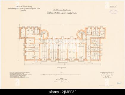 Vetter, caserme della Guardia Cuerassier Regiment e della Regina Augusta Grenadier Regiment No. 4, Berlino (1895-1897): Guard-Cürassier-Regiment, edificio camera sposato: Grundriss piano seminterrato 1: 100. Litografia colorata sul cartone, 52,1 x 73 cm (compresi i bordi di scansione) Vetter : Kaserne des Garde-Kürassier-Regiments und des Königin-Augusta-Garde-Grenadier-Regiments Nr. 4, Berlino Foto Stock