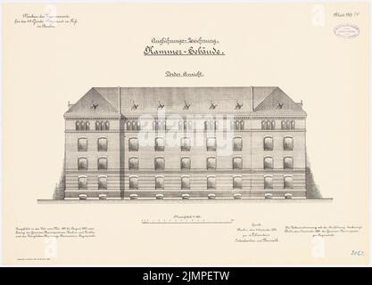 Schönhals, caserme del 4th guardaroba a piedi, Berlin-Moabit (1891-1893): Edificio camera: Vista frontale 1: 100. Litografia colorata sul cartone, 47,6 x 66,1 cm (compresi i bordi di scansione) Schönhals : Kaserne des 4. Garderegiments zu Fuß, Berlin-Moabit Foto Stock